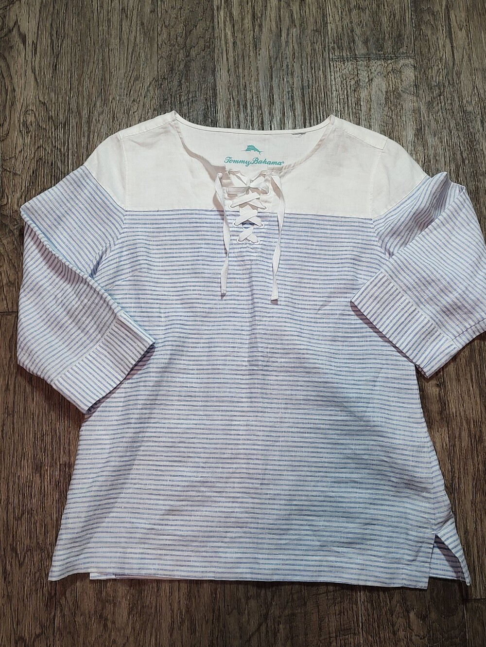 Tommy Bahama Lace-Up Striped Top in white & Light Blue Size L Linen